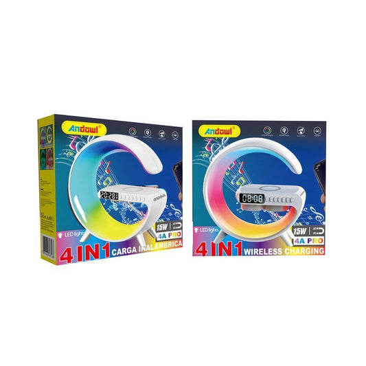 Andowl Ηχείο 4 σε 1 με Bluetooth, ασύρματο φορτιστή, ξυπνητήρι & ρολόι